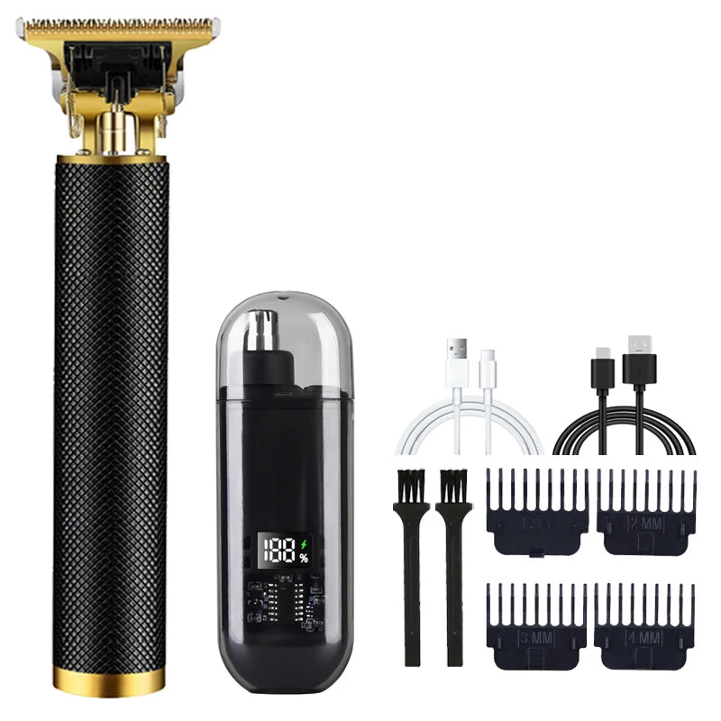 R.E.D. men's grooming set with nose and ear hair trimmer and T9 hair clipper, USB rechargeable, on a white background