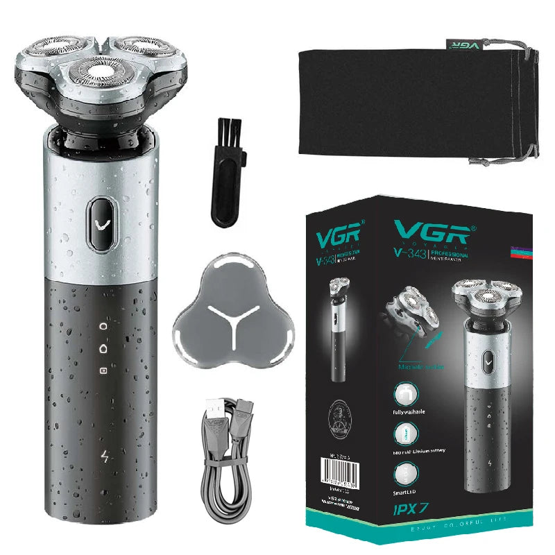 VGR rechargeable wet and dry electric shaver for men with washable beard and stubble grooming, in sleek design.