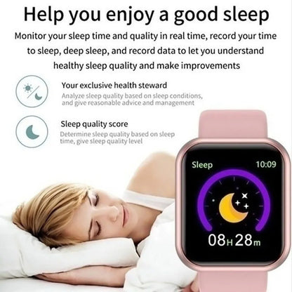 R.E.D. Shopping Y68/D20 Smart Watch showing digital display with fitness tracking, sleep monitoring, and music control features