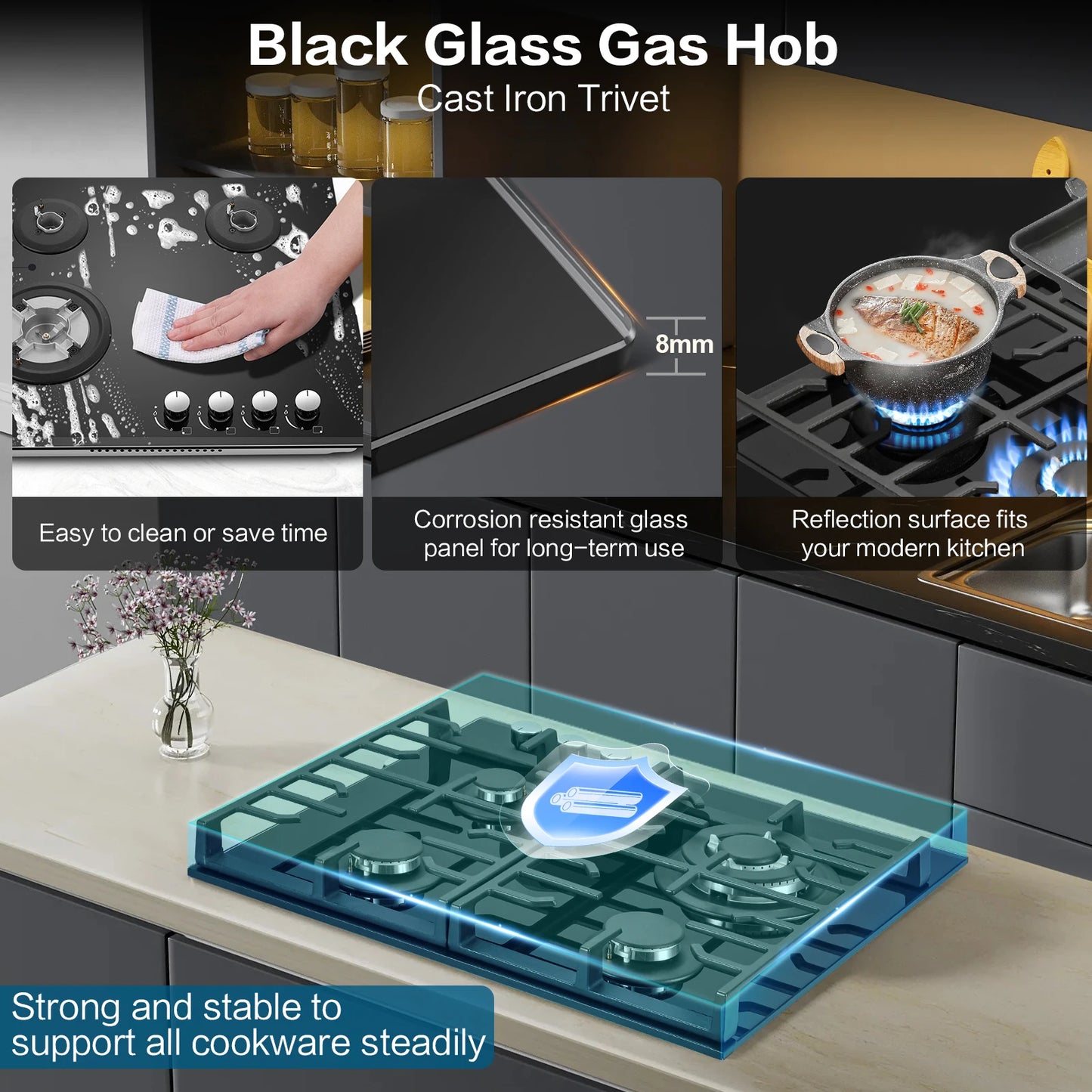 Black 60cm built-in gas hob with 4 burners, cast iron grates, flame failure protection, and black glass surface for kitchen cooking