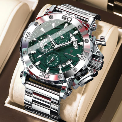 POEDAGAR Men's Luxury Chronograph Watch – Calendar, Luminous, Waterproof, Stainless Steel Quartz