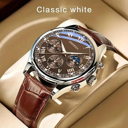 Geneva men's luxury quartz watch with leather strap, Roman numerals, water-resistant design, stylish jewelry accessory.