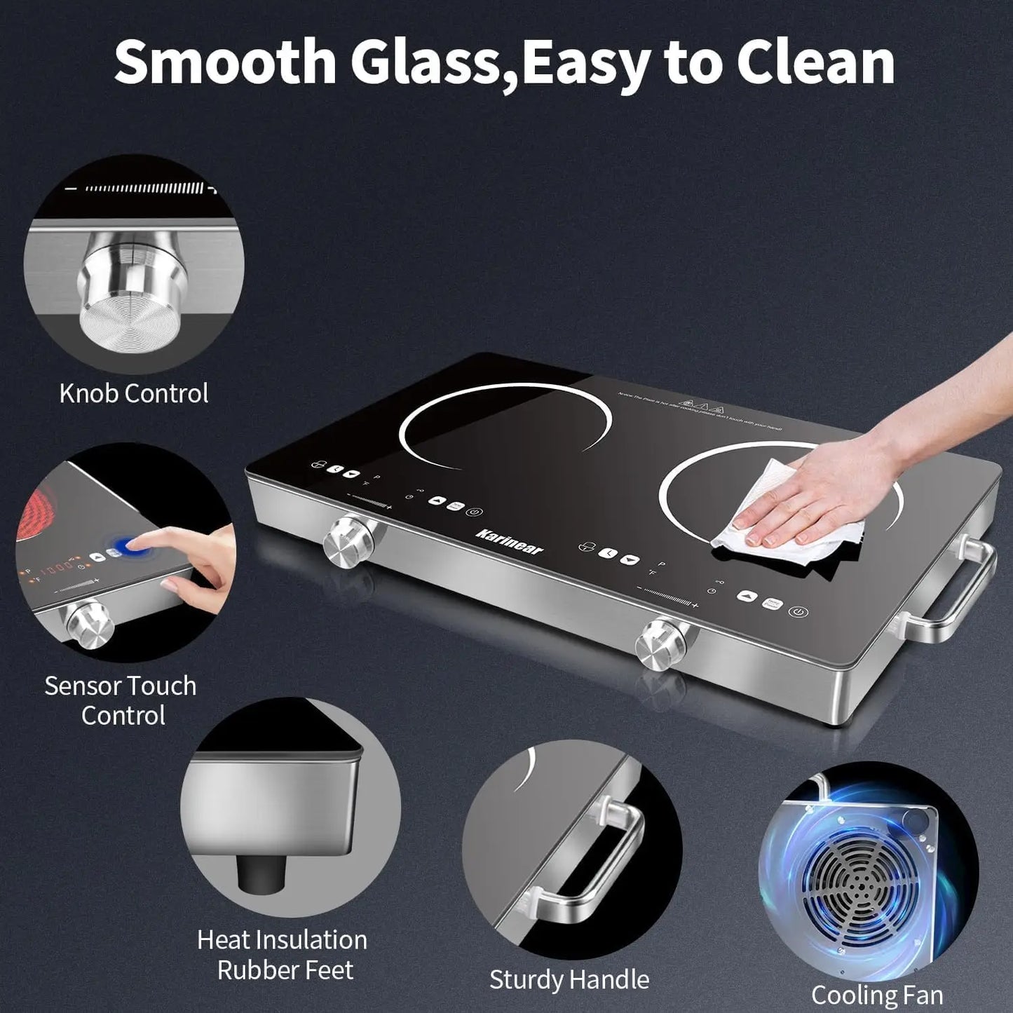 Karinear 3200W Ceramic Hob 2 Zones | Safety Lock, Touch & Knob Control, 240V