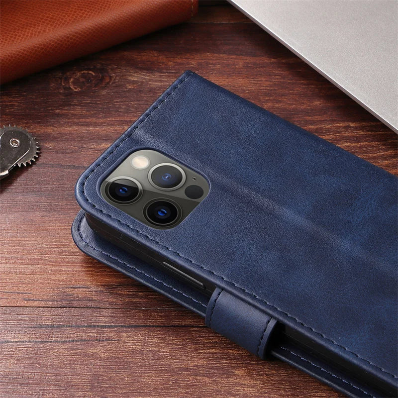 Leather iPhone 16 Plus zipper wallet case with card slots and magnetic stand, featuring a sleek design and secure closure.