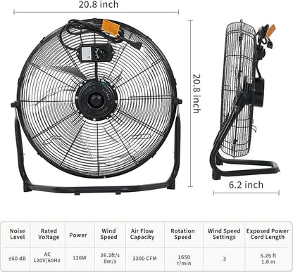 Heavy Duty Industrial Floor Fan 12–20" – 3 Speeds, 4800 CFM, 360° Tilt, High Velocity