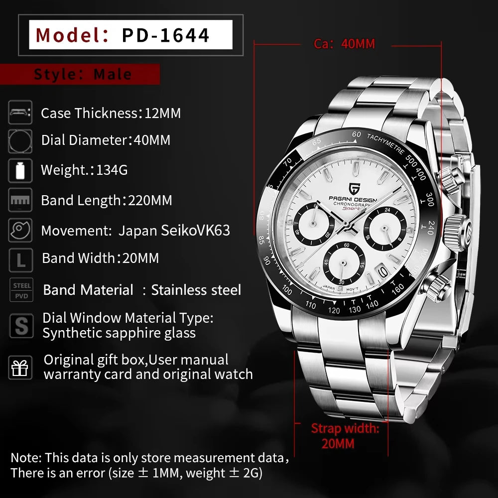 PAGANI DESIGN PD1644 Men's Quartz Chronograph Watch – Sapphire Crystal, 100M Water Resistant