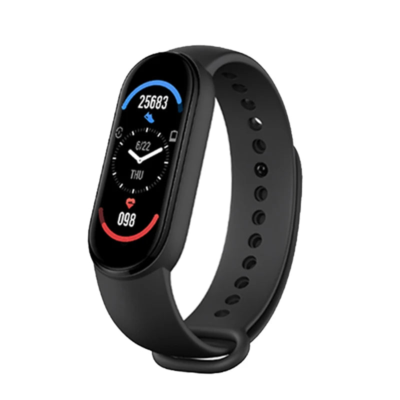 R.E.D. Shopping M6 Smart Fitness Bracelet displaying heart rate monitor and sleep tracking on a user’s wrist.