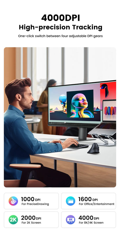 UGREEN Vertical Ergonomic Mouse – Bluetooth 5.0 & 2.4G Wireless, 4000DPI, 6 Silent Buttons, for Mac & PC