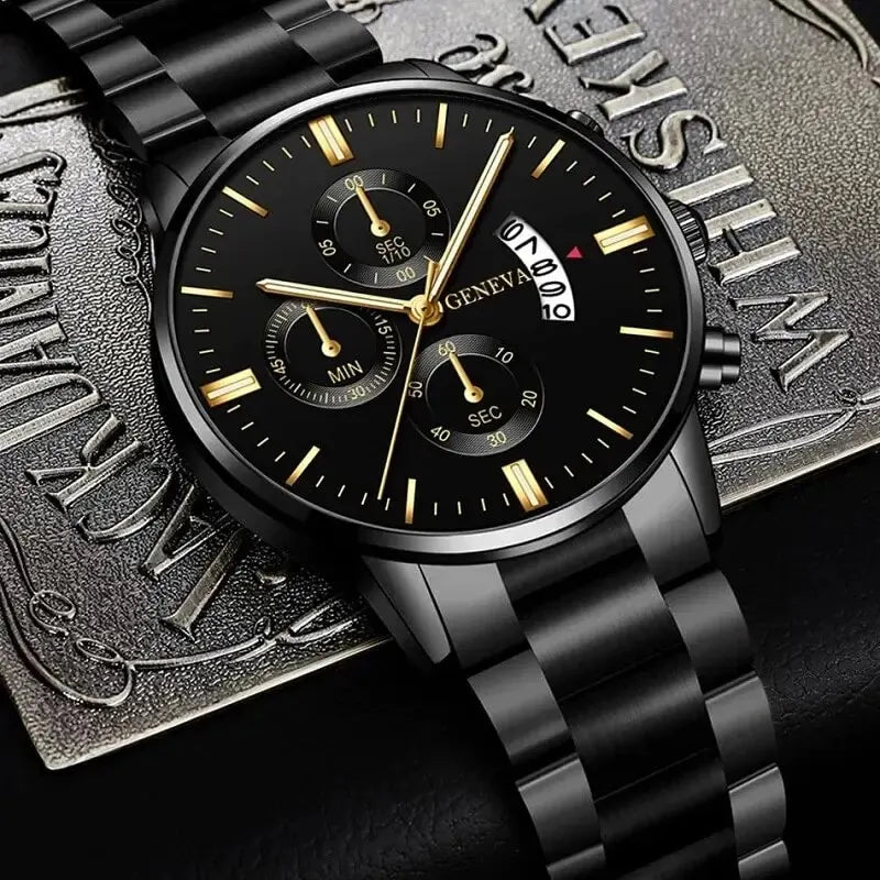 Men’s luxury stainless steel quartz watch with calendar feature, stylish business wristwatch by R.E.D. Shopping.
