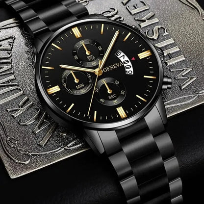 Men’s luxury stainless steel quartz watch with calendar feature, stylish business wristwatch by R.E.D. Shopping.