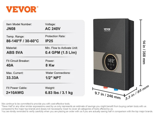SucceBuy Instant Electric Water Heater 8/13.8/18kW | On-Demand, Digital Display, Easy Install