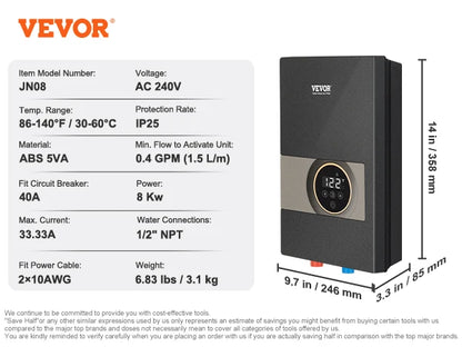 SucceBuy Instant Electric Water Heater 8/13.8/18kW | On-Demand, Digital Display, Easy Install