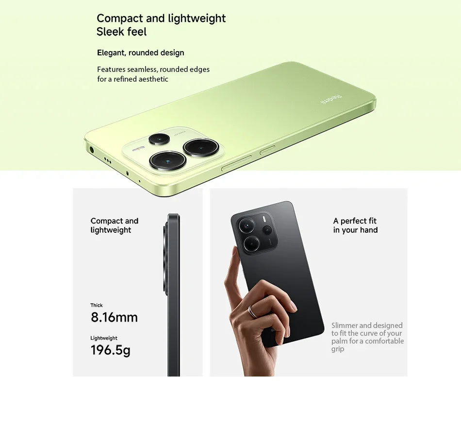 Xiaomi Redmi Note 14 smartphone with 120Hz display and 108MP camera, featuring a sleek design and MediaTek Helio G99 processor