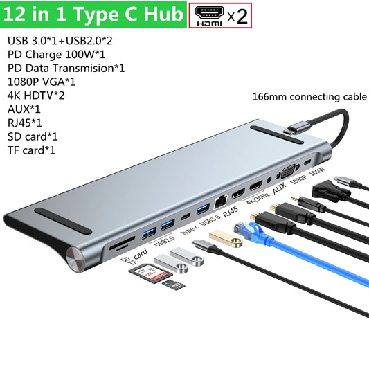 12-in-1 USB-C Hub Docking Station – Dual HDMI, 100W PD, SD/TF, VGA, OTG for MacBook & Laptop