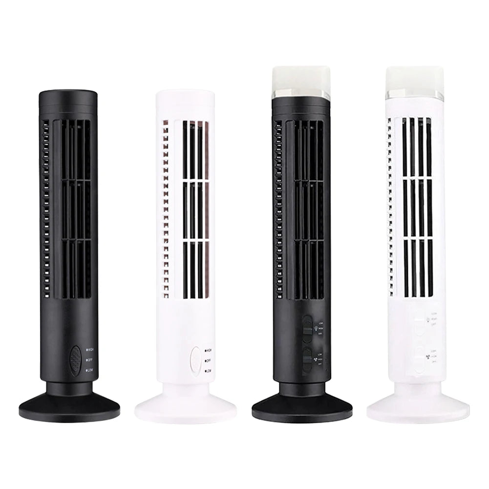 LED Bladeless Tower Fan — 90° Oscillating, USB Powered, Quiet, Desk Fan with Light, Home & Office