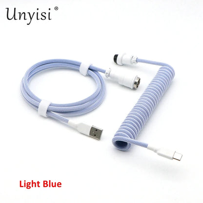 Handmade paracord and PET coiled USB-A to USB-C cable with GX16 aviator connector for mechanical keyboards, by R.E.D. Shopping.