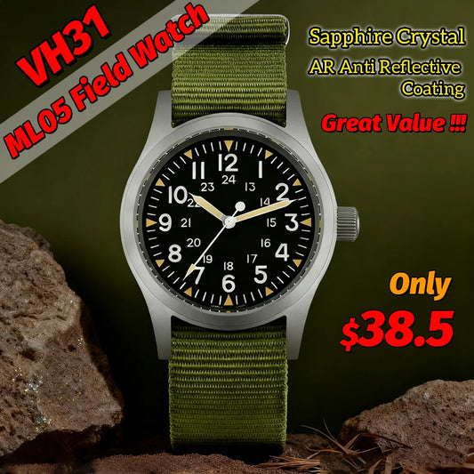 Militado ML05 Vintage Field Watch – 38mm, VH31 Sweep, Sapphire AR Crystal, Luminous