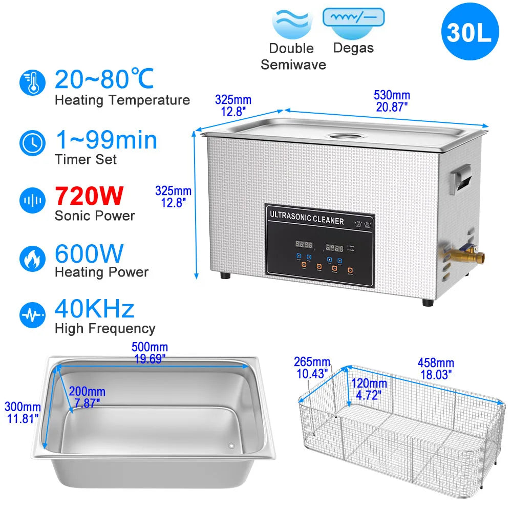 Ultrasonic Cleaner Bath 800ml–30L – Heated 35W–900W Portable Washing Machine, EU/UK/AU/US Plug