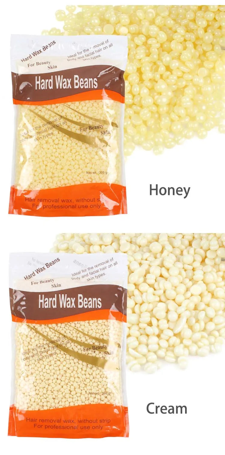 Hard wax beans for hair removal in 500g, 200g, and 50g sizes by R.E.D. Shopping, showing smooth wax beads in a professional setting.