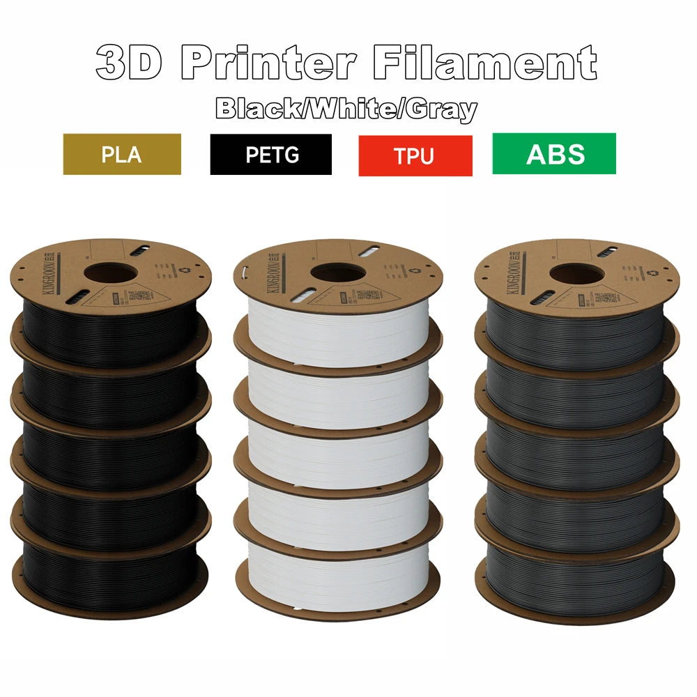 KINGROON 3D Printer Filament Bundle – 5KG, 1.75mm PLA / PETG / TPU / ABS, No Bubbles, Random Spool