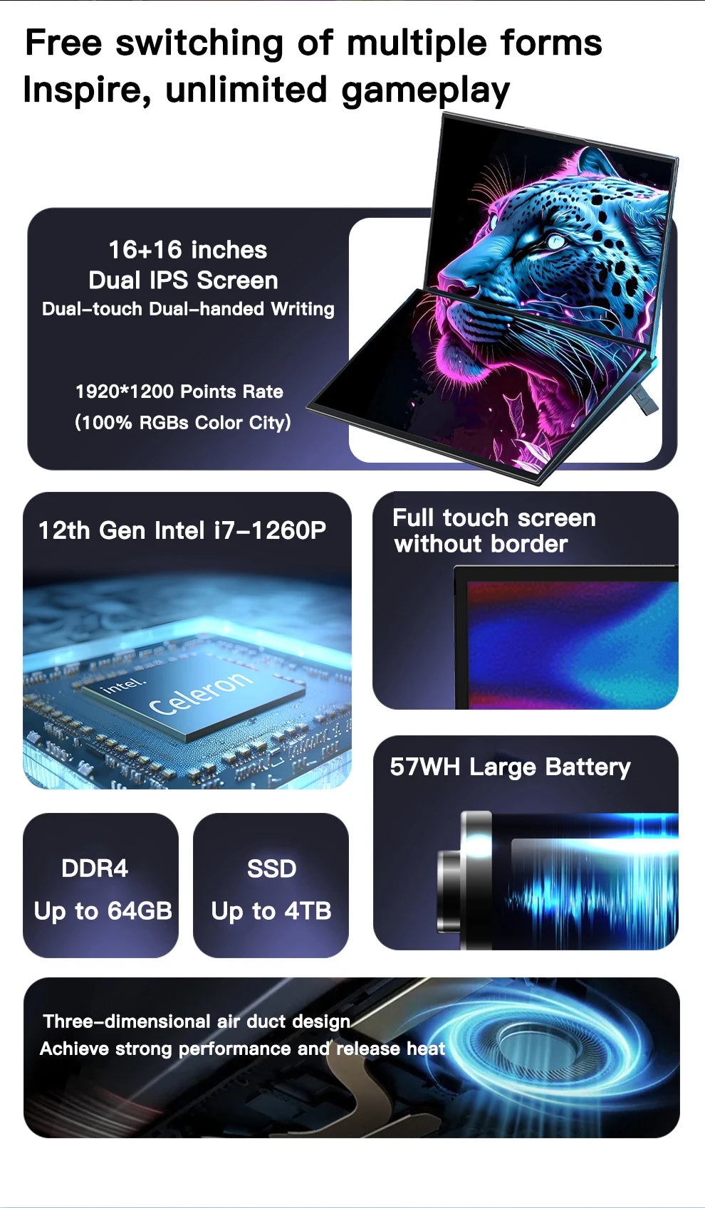 GLF-S1 Dual Screen Laptop 16"+16" — Intel i5-12450H, DDR4, Up to 2TB M.2 SSD, Windows 11