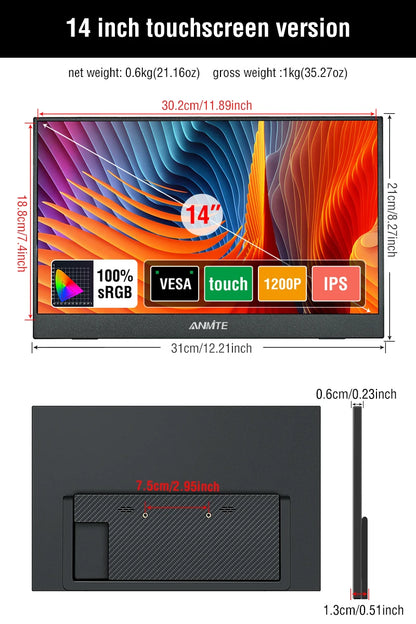 Anmite Portable Monitor 14"/16" – 1920x1200 IPS HDR10, Touch Screen, for Xbox/PS4/PS5/Switch/PC/Laptop