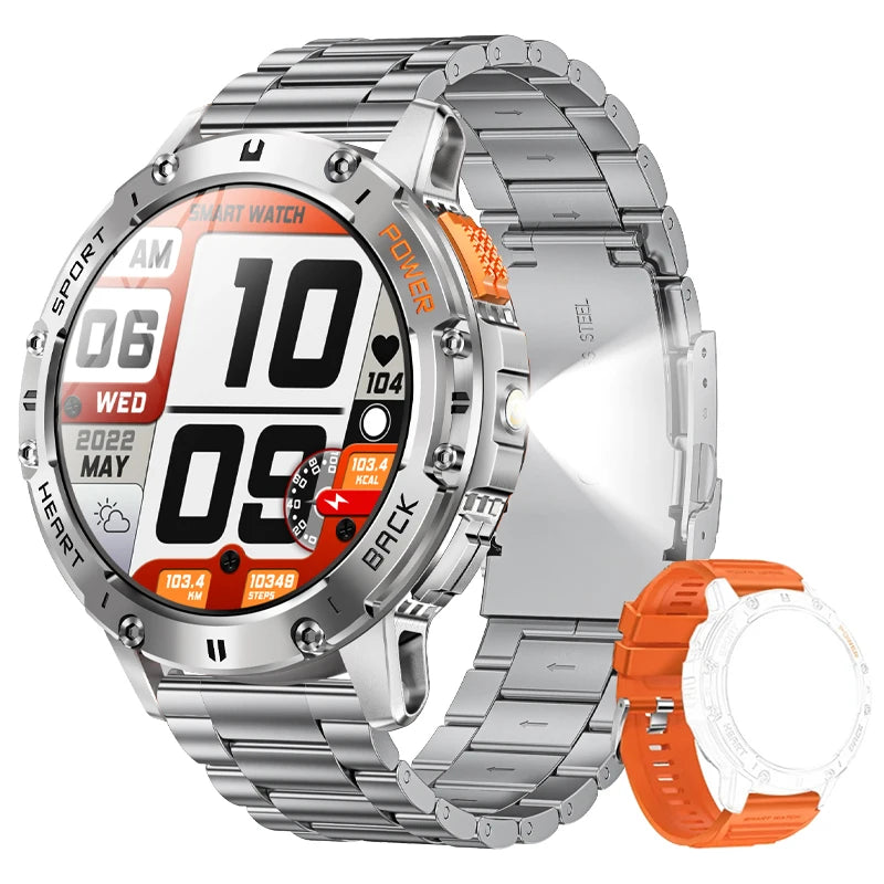 AMOLED Smart Watch for Men – Flashlight, Sports, Waterproof, Bluetooth Call + Box