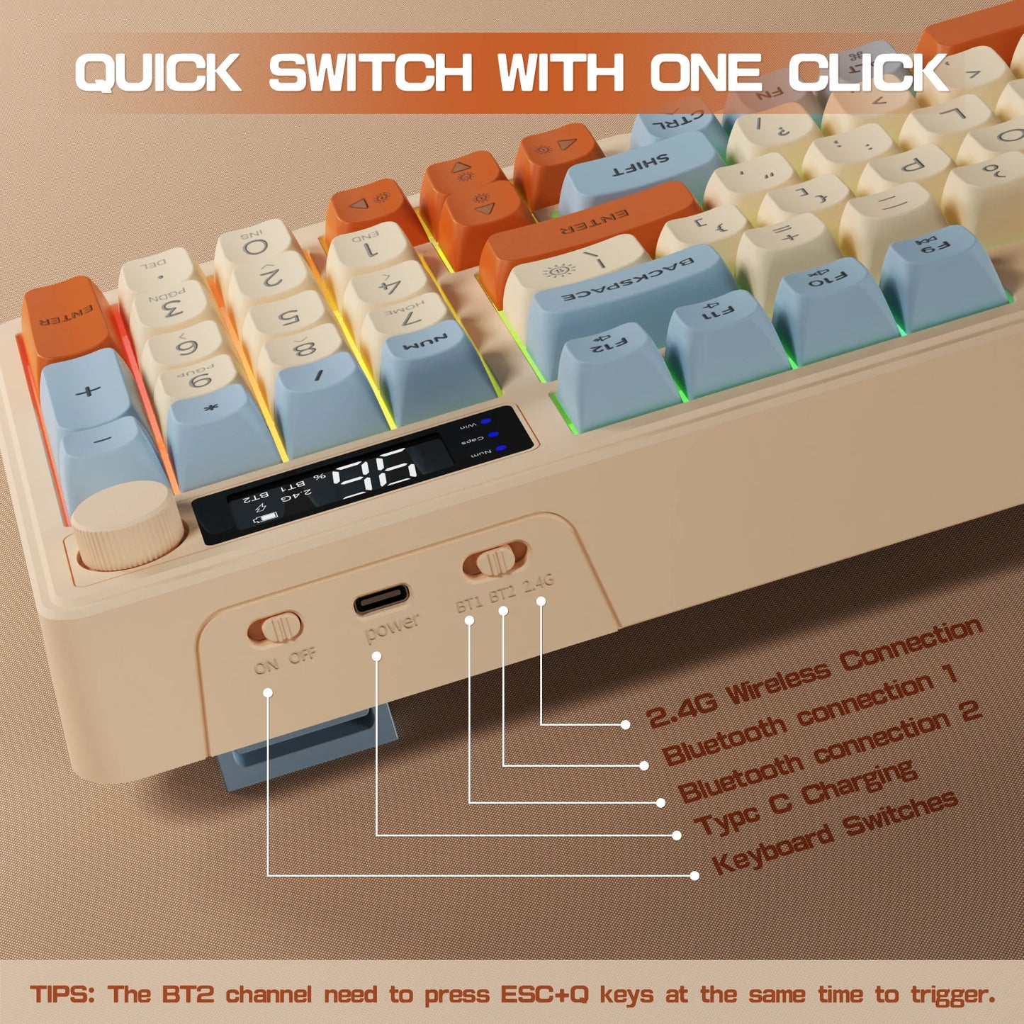 ZIYOU LANG Wireless Gaming Keyboard – Display Screen, Knob, BT/2.4GHz, Quiet Membrane, 3000mAh