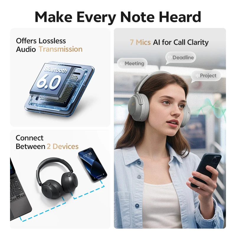 QCY H3S ANC Over-Ear Headphones – -56dB, LDAC, Dual Driver, Bluetooth 6.0, 102Hrs