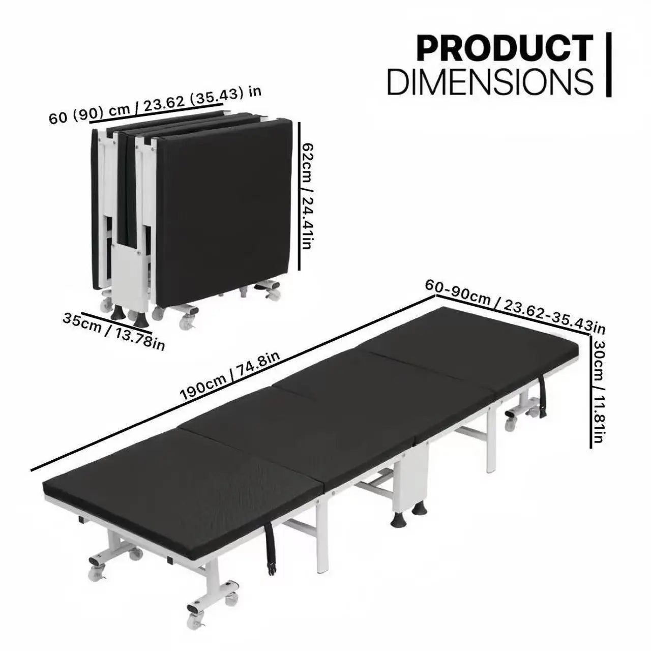 Heavy-duty folding bed with steel frame and lockable casters, available in 60, 70, 80, and 90cm, ideal for home bedroom use.