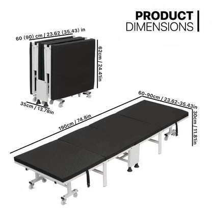Heavy-duty folding bed with steel frame and lockable casters, available in 60, 70, 80, and 90cm, ideal for home bedroom use.