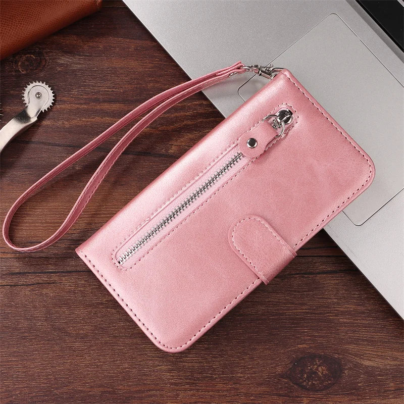 R.E.D. Shopping iPhone 16 Plus leather zipper wallet case with card slots and magnetic stand, showing front view with open wallet design.