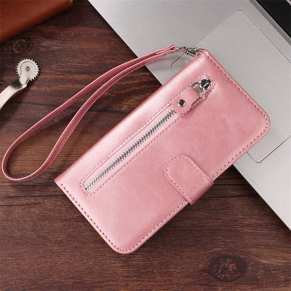 R.E.D. Shopping iPhone 16 Plus leather zipper wallet case with card slots and magnetic stand, showing front view with open wallet design.