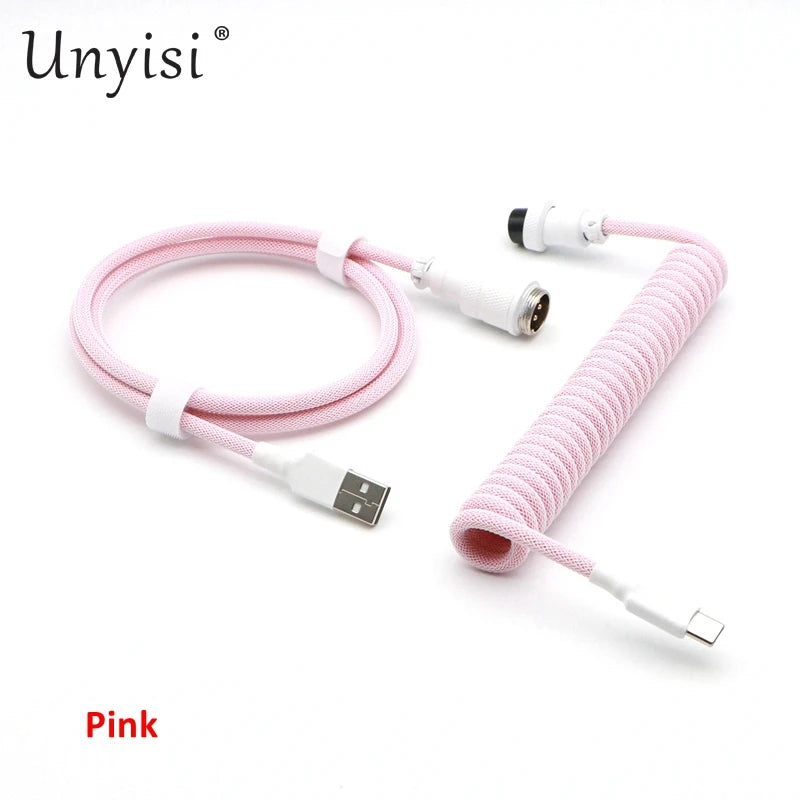 Handmade R.E.D. Shopping paracord USB-A to USB-C cable with GX16 aviator connector, designed for mechanical keyboards and electronics.
