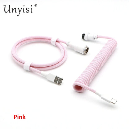 Handmade R.E.D. Shopping paracord USB-A to USB-C cable with GX16 aviator connector, designed for mechanical keyboards and electronics.