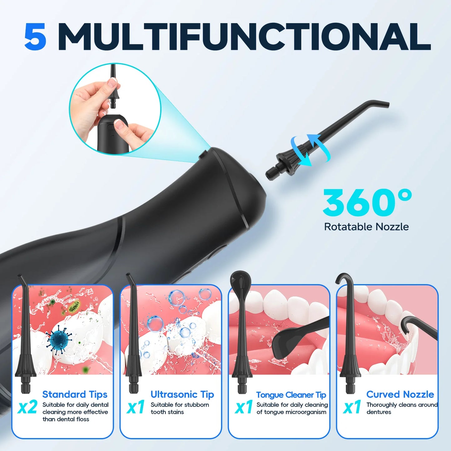 Portable Oral Irrigator | 5 Jet Tips | 5 Modes | 300ml | IPX7 Water Flosser