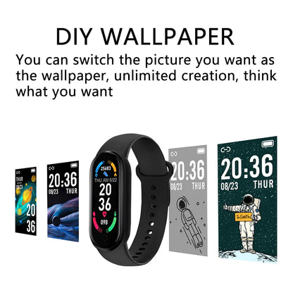 R.E.D. Shopping M6 Smart Fitness Bracelet displaying heart rate monitor, sleep tracking, and waterproof design in black.