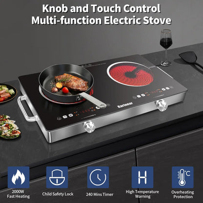 Karinear 3200W Ceramic Hob 2 Zones | Safety Lock, Touch & Knob Control, 240V