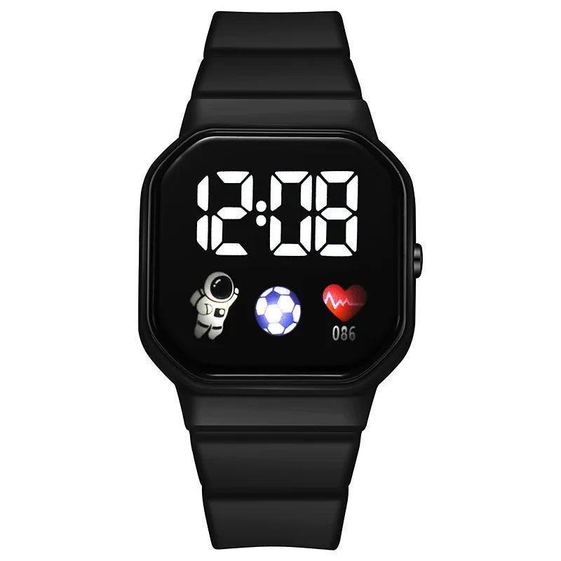 Kids LED digital sports watch with football design, silicone strap, suitable for boys and girls, from R.E.D. Shopping.