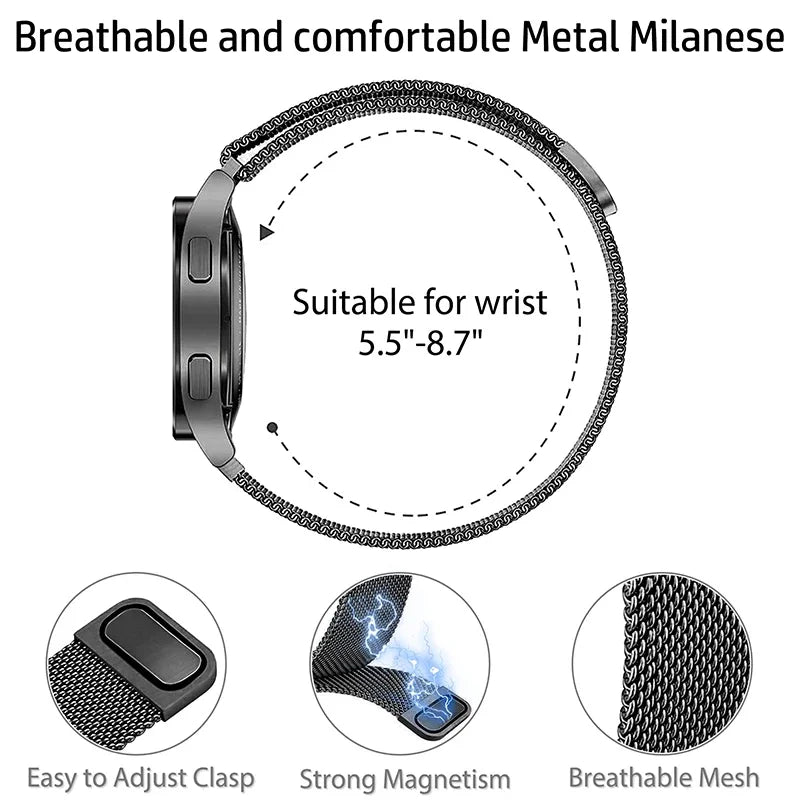 Metal magnetic watch strap for Amazfit GTS and GTR, 20mm and 22mm bracelet, durable stainless steel band with adjustable clasp.
