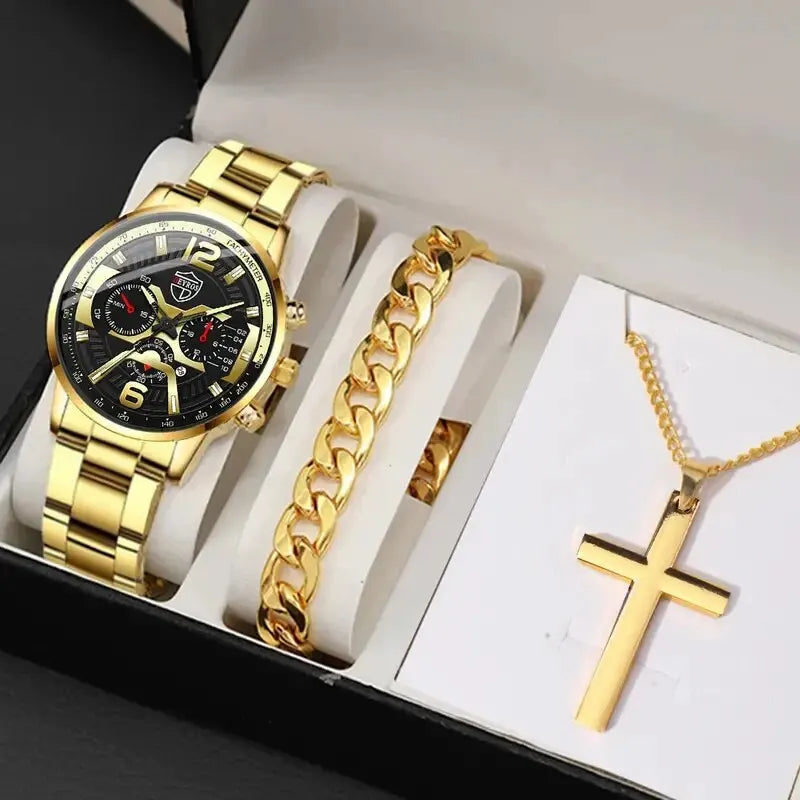 R.E.D. Shopping DEYROS 5-piece men's gift set with quartz calendar watch, necklace, and bracelet displayed on a neutral background.