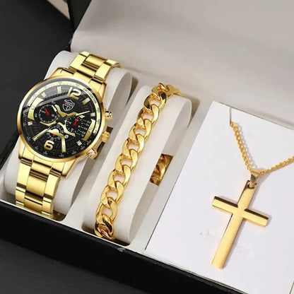 R.E.D. Shopping DEYROS 5-piece men's gift set with quartz calendar watch, necklace, and bracelet displayed on a neutral background.