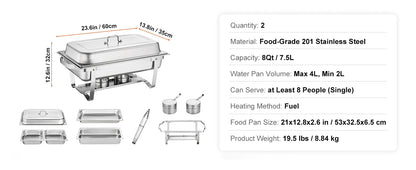 SucceBuy 8QT Rectangle Chafing Dish Set – 2/4/6 Pack Buffet Catering Warmer