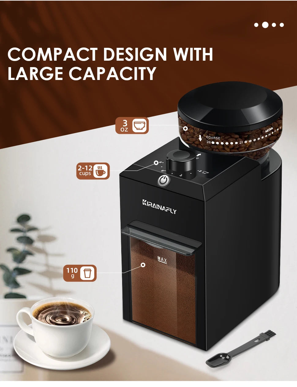 KIRAINAFLY Automatic Burr Mill Coffee Grinder 200W | 28 Grind Settings