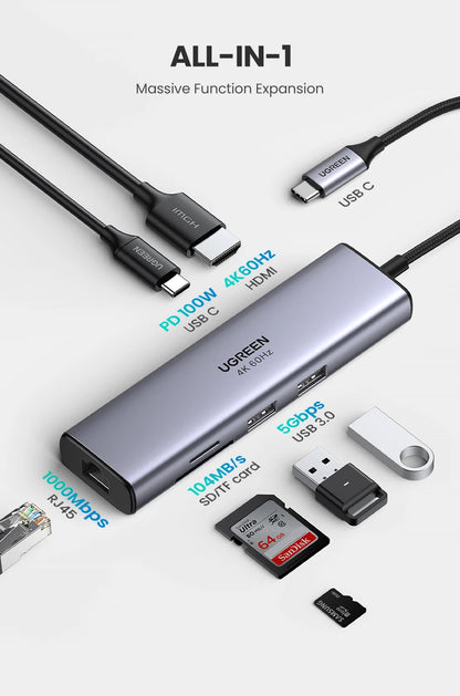 UGREEN CM512 7-in-1 USB-C Hub – 4K60Hz HDMI, PD100W, 5Gbps USB3.0, SD/TF, RJ45, MacBook & Laptop