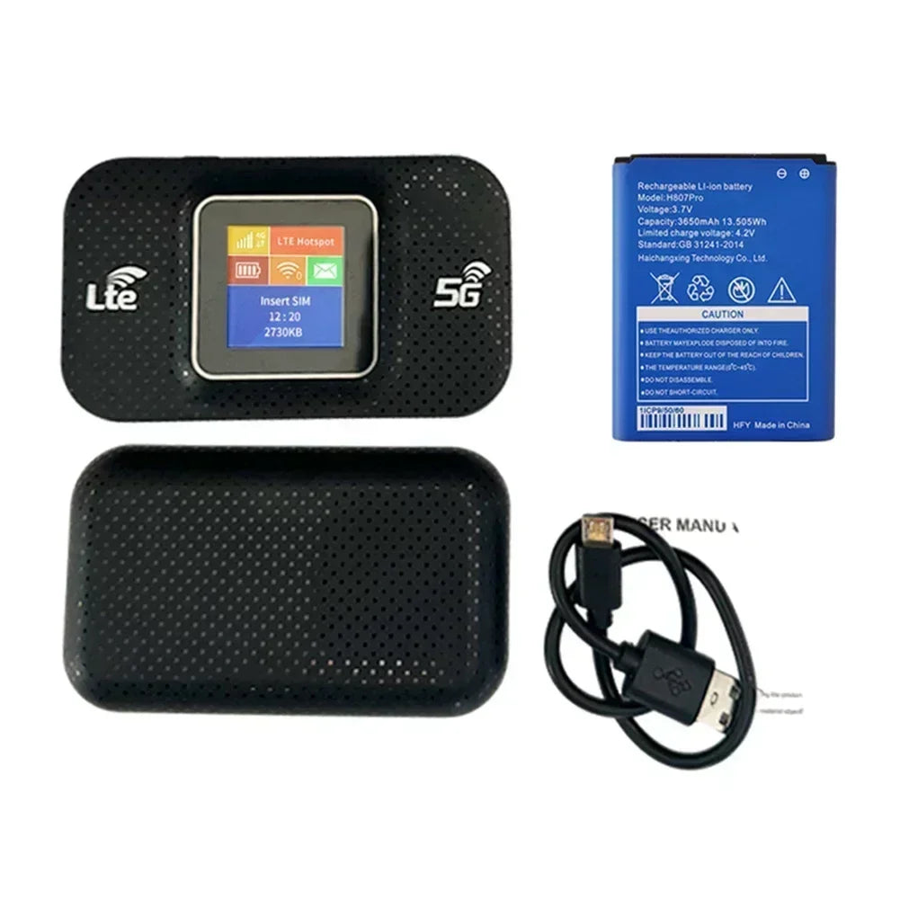 Portable R.E.D. Shopping 4G/5G WiFi router showing SIM card slot and sleek black design for mobile internet access.