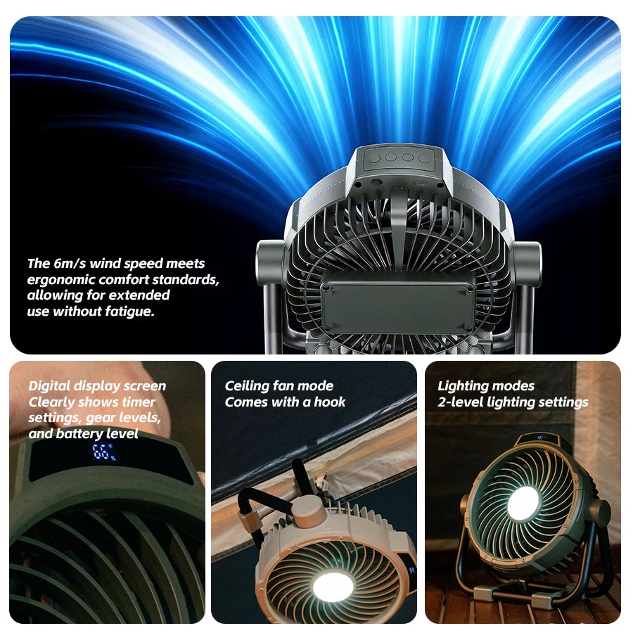 Portable 6-in-1 Outdoor Camping Fan | 10000mAh | 5 Speeds | LED Light | Hook & Remote | Rechargeable