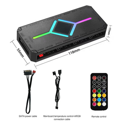 9-Port ARGB PWM Fan Hub – 3-Pin ARGB + 4-Pin PWM, Magnetic Mount, Remote Control, 12V/5V, Black/White