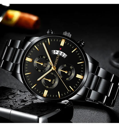 Men’s luxury stainless steel quartz watch with calendar feature, business wristwatch by R.E.D. Shopping, showcasing a sleek design.
