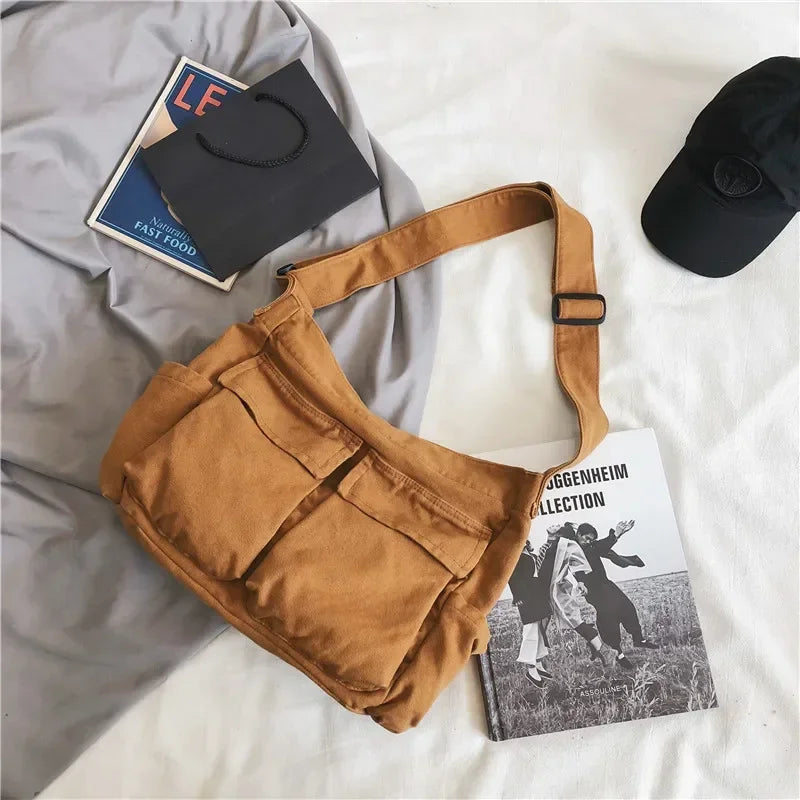 Large Canvas Messenger Bag - Multi-Pocket Hip Hop Style Shoulder Bag